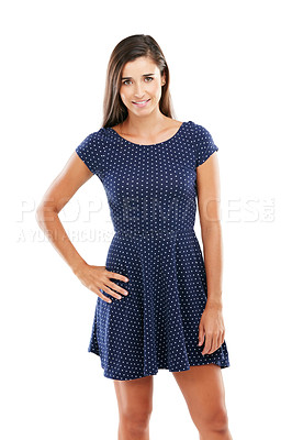 Buy stock photo Studio shot of an attractive young woman posing against a white background