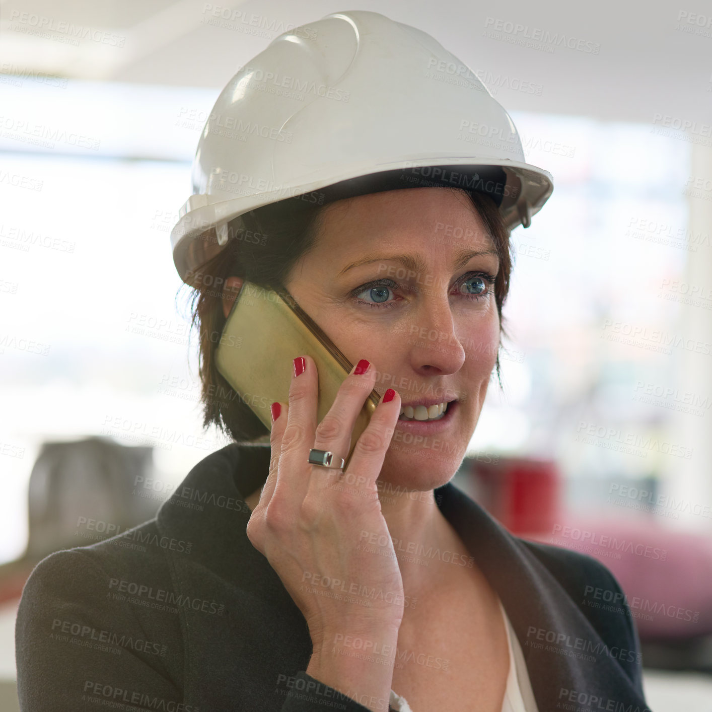 Buy stock photo Phone call, helmet and woman in site for construction, affirmative action and inspector visit in building. Contractor, female employee and inspection of property, development and report for company