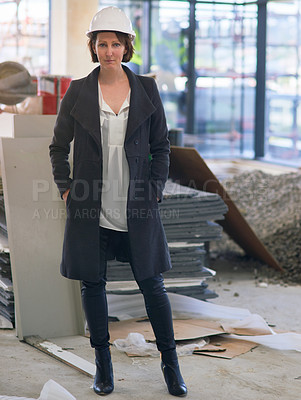 Buy stock photo Portrait, helmet and woman in site for construction, affirmative action and inspector visit in building. Contractor, female employee and inspection of property, development and report for company