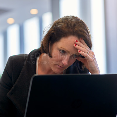 Buy stock photo Laptop, frustrated and woman with information in email, reading and sad for fail of business in office. Computer, anxiety and stress for loan of company, error and mistake on proposal for investors