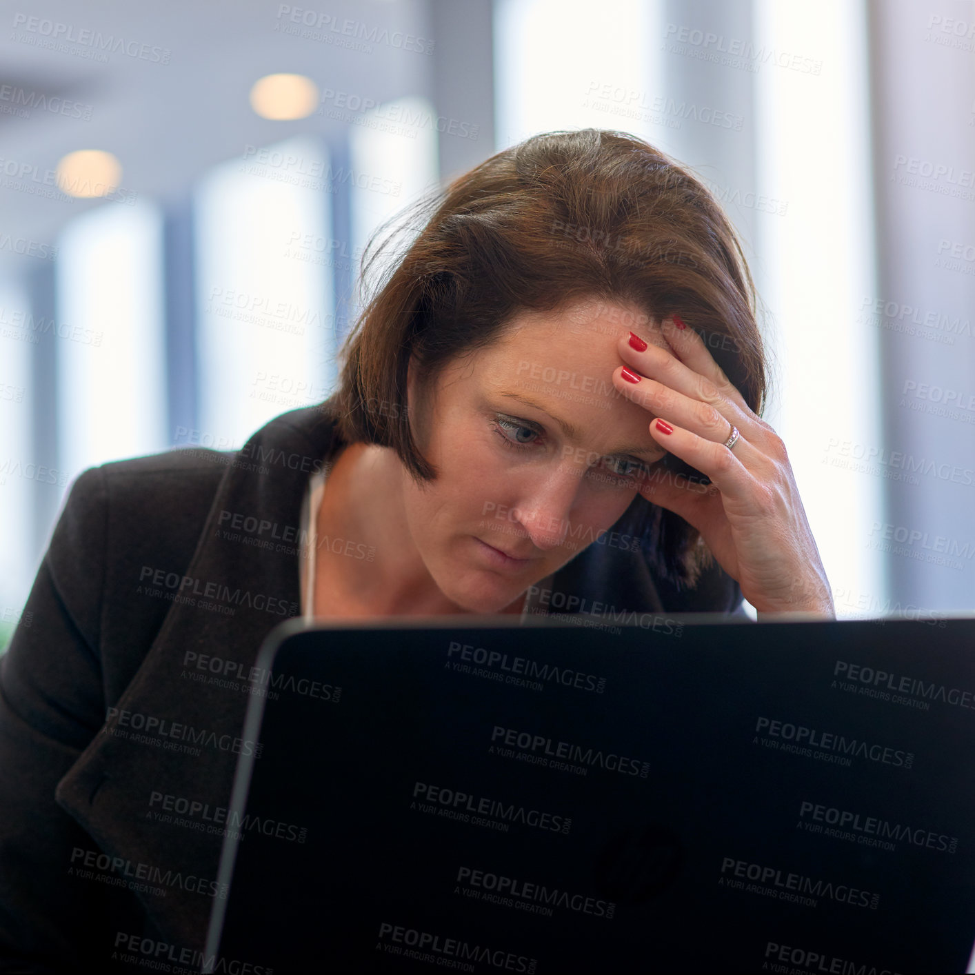 Buy stock photo Laptop, frustrated and woman with information in email, reading and sad for fail of business in office. Computer, anxiety and stress for loan of company, error and mistake on proposal for investors