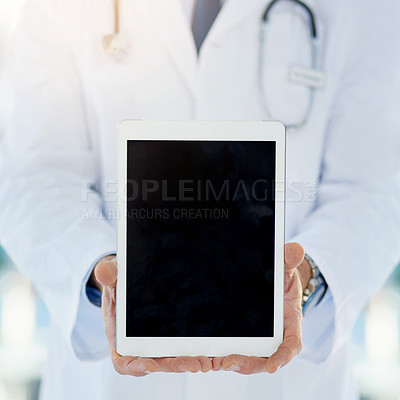 Buy stock photo Hands, mockup and doctor with tablet in hospital for medical research with diagnosis or treatment. Career, professional and healthcare worker with digital technology for blank screen in clinic.