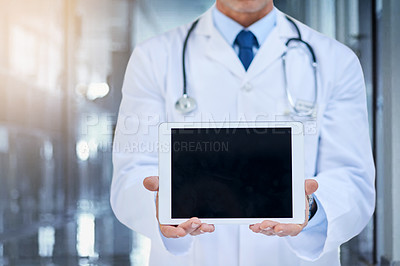Buy stock photo Tablet, screen and mockup with doctor in hospital for advertising, marketing or product placement. Medical professional, tech and digital touchscreen for telehealth, online consultation or research.