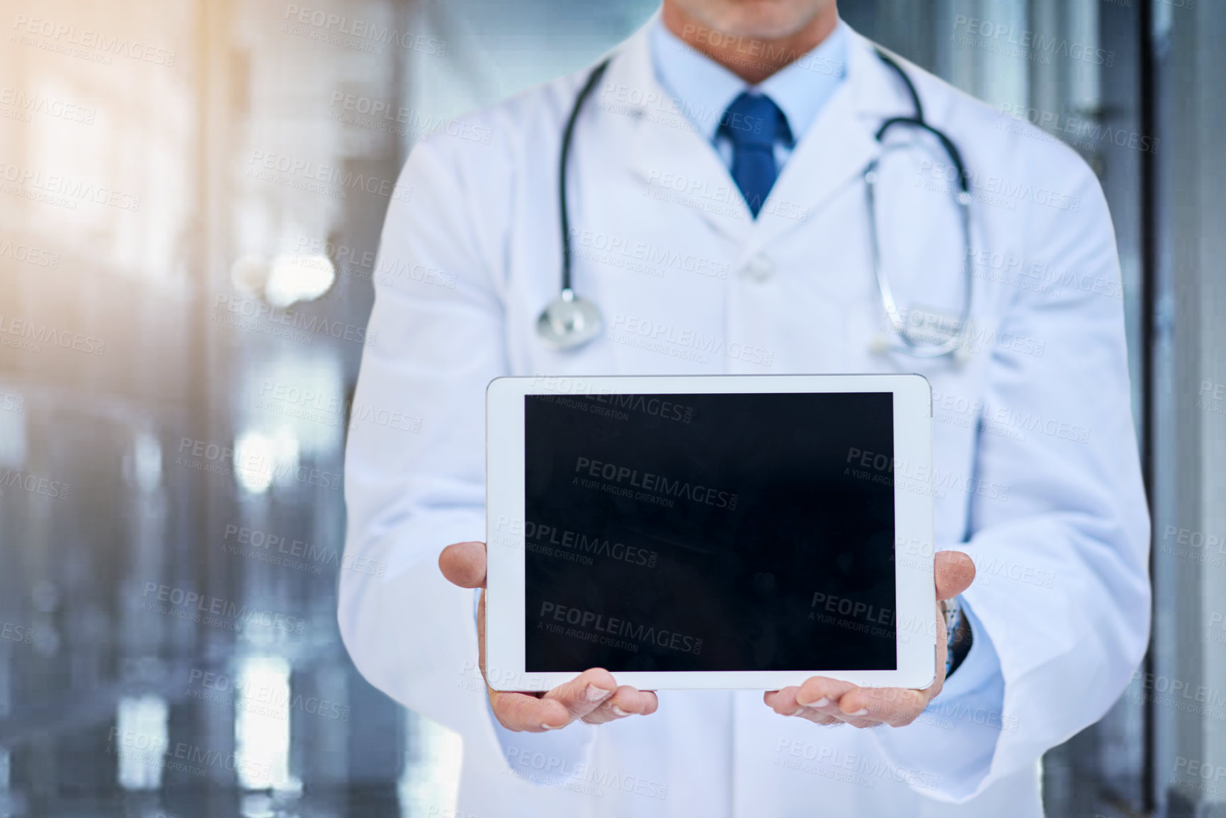 Buy stock photo Tablet, screen and mockup with doctor in hospital for advertising, marketing or product placement. Medical professional, tech and digital touchscreen for telehealth, online consultation or research.