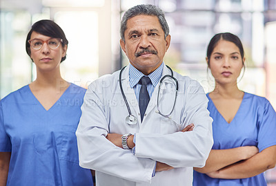 Buy stock photo Portrait, group and medical team in hospital, doctors and leadership. Stethoscope, healthcare and lab coat for collaboration, teamwork and professional with arms crossed or nurse, clinic and people