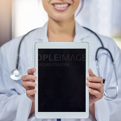 Buy stock photo Hands, mockup and doctor with tablet in clinic for medical research with diagnosis or treatment. Career, professional and woman healthcare worker with digital technology for blank screen in hospital.