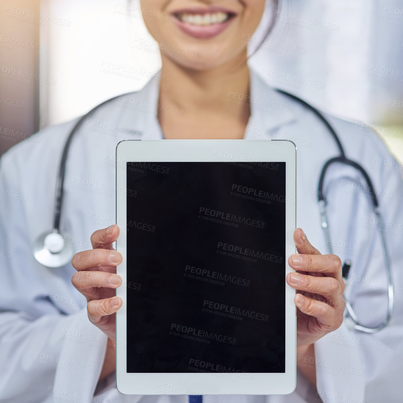 Buy stock photo Hands, mockup and doctor with tablet in clinic for medical research with diagnosis or treatment. Career, professional and woman healthcare worker with digital technology for blank screen in hospital.