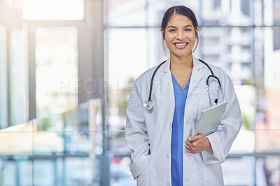 Buy stock photo Portrait, doctor and woman with tablet, smile and career ambition with online schedule, medicare and gp. Face, person and medical with professional, research and digital app for healthcare news