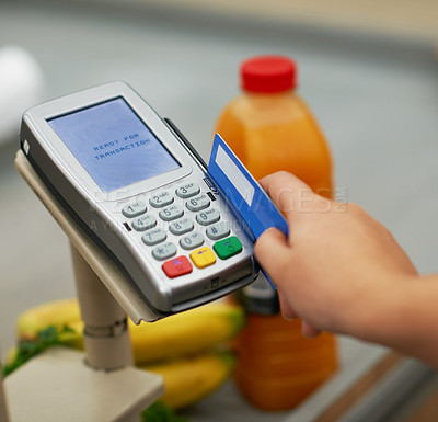 Buy stock photo Credit card, hand and payment in supermarket for swipe, transaction and purchase in grocery store. Customer, paying and machine in shop for food, drink and sales at POS for consumer in shopping mall 