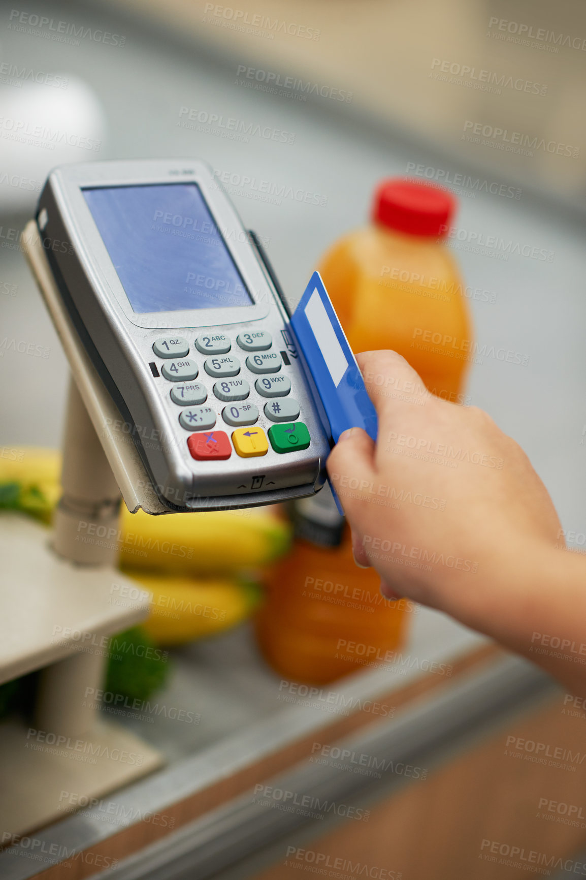 Buy stock photo Credit card, hand and swipe in supermarket for payment, transaction and purchase in grocery store. Customer, paying and machine in shop for food, drink and sales at POS for consumer in shopping mall 