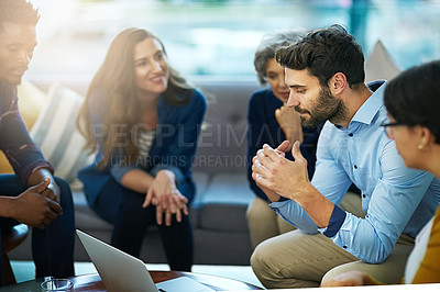 Buy stock photo Laptop, group and creative business people brainstorming, discussion or planning together in startup office. Computer, diverse team and collaboration for project strategy, meeting or editor training