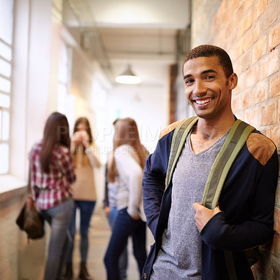 Buy stock photo University, education and portrait of man on campus ready for study, knowledge and learning. Scholarship, happy and face of male student in hallway with friends for school, academy and college class