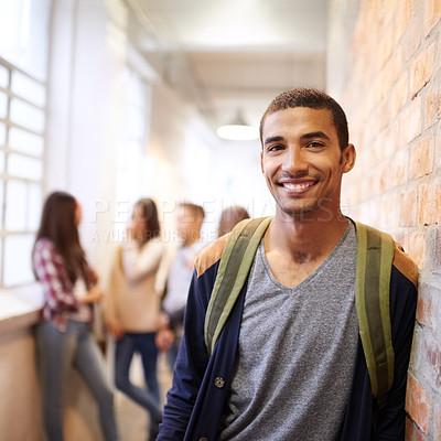Buy stock photo University, education and portrait of man at college ready for studying, class and learning. Scholarship, knowledge and face of male student in hallway with friends for school, academy and campus