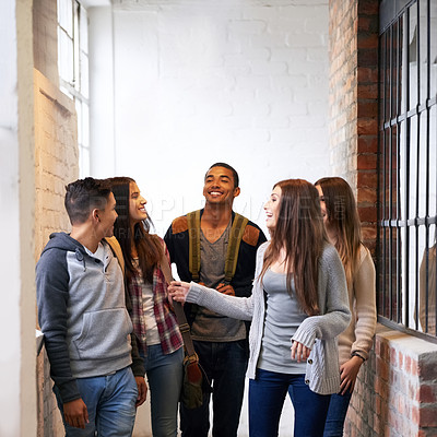 Buy stock photo Friends laugh, university hallway and people talking with happiness and discussion together. Teenager, college and school communication of young and gen z students on campus for education and class