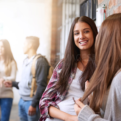 Buy stock photo Girl friends, university hallway and female talking with happiness and discussion together. Teenager, college girls and school communication of young and gen z students on campus for education