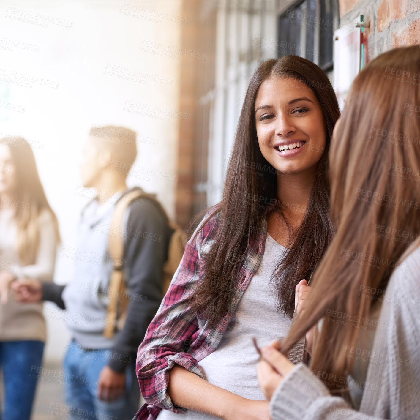 Buy stock photo Girl friends, university hallway and female talking with happiness and discussion together. Teenager, college girls and school communication of young and gen z students on campus for education