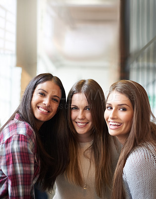 Buy stock photo University, friends and portrait of women smile on campus ready to study, friendship and learning together. Education, scholarship and happy female students excited for school, academy and college