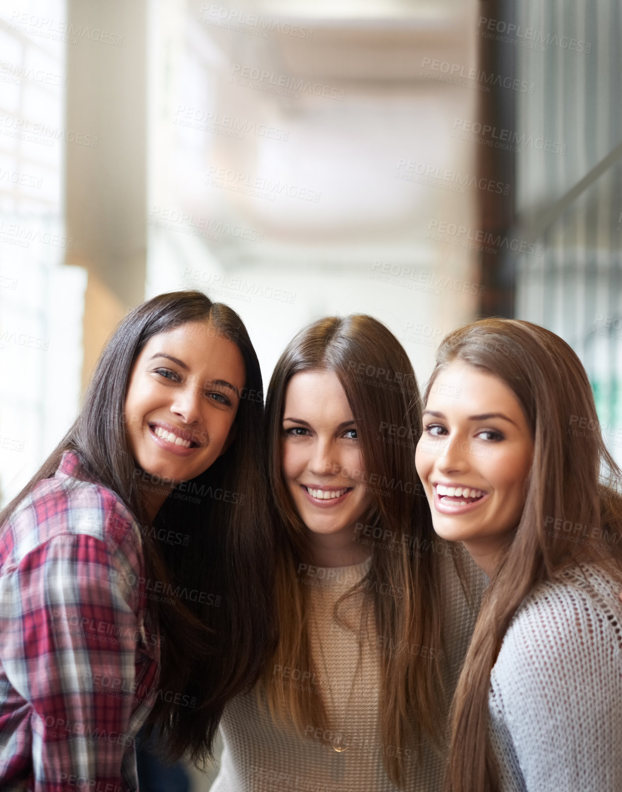 Buy stock photo University, friends and portrait of women smile on campus ready to study, friendship and learning together. Education, scholarship and happy female students excited for school, academy and college