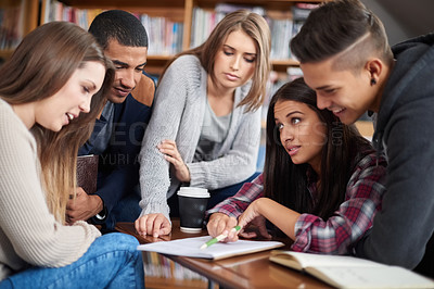 Buy stock photo Group, students or brainstorming for education in library or diversity for knowledge in university. Friends, learning and teamwork for assignment and writing in books for problem solving in college