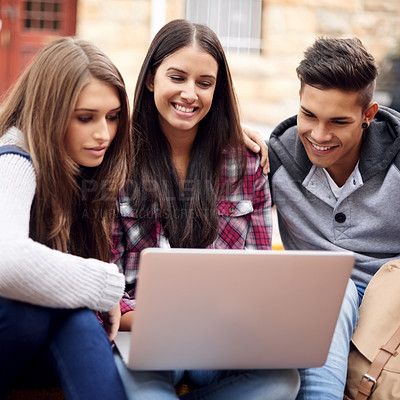 Buy stock photo Students, laptop and research on campus for group project, diversity and online education in college. Learning, studying and happy friends at university with smile, internet and future opportunity.
