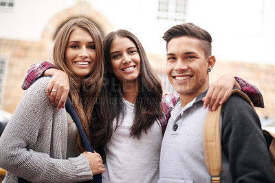 Buy stock photo Education, happy and portrait of people at university ready for studying, community and learning together. Diversity, scholarship and men and women students smile for school, academy and college