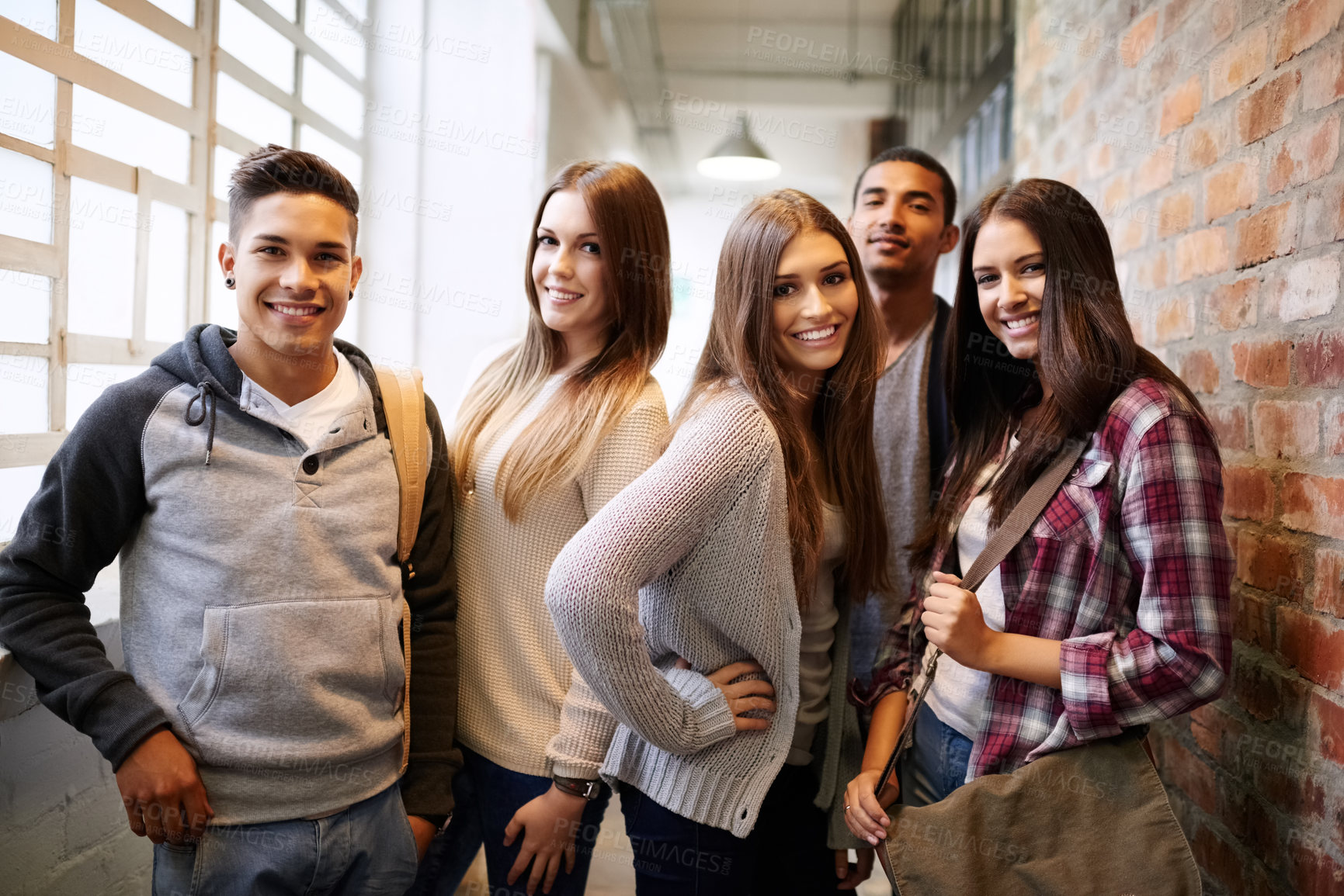 Buy stock photo University, education and portrait of people on campus ready to study, class and learning together. Scholarship, diversity and happy men and women students smile for school, academy and college