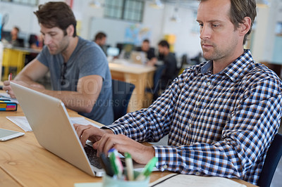 Buy stock photo Businessman, office and desk typing on laptop for strategy, planning, research with digital technology for project. Professional, person and working on computer for online finance report on company