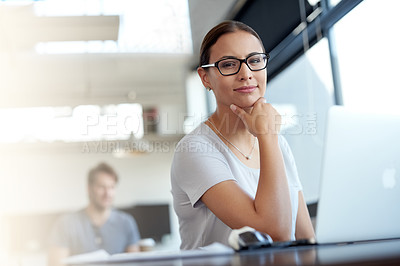 Buy stock photo Woman, office and laptop with career, thinking and professional startup for creative agency. Entrepreneur, technology and business with portrait, web design and online connectivity for idea or job
