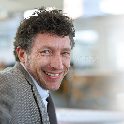 Buy stock photo Happy, mature and creative man in portrait at office with smile from productivity on project in London. Professional, employee and person work with energy and confidence for development of startup