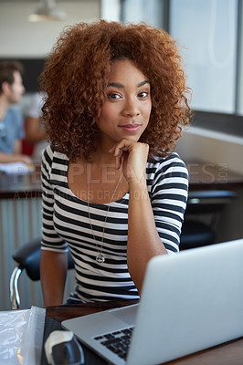 Buy stock photo Portrait, thinking and business woman on laptop in office for creative career or job in startup. Face, computer and African professional entrepreneur at table, employee and copywriter in company