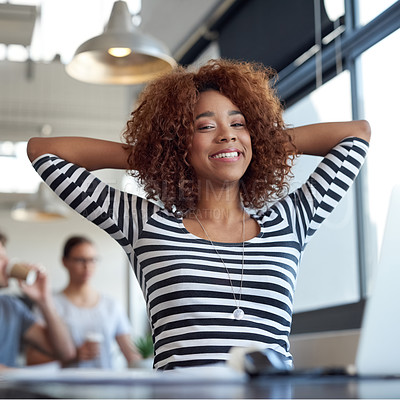 Buy stock photo Black woman, relax at desk and smile with stretching, progress and productivity with tasks at startup. Graphic designer with happiness, deadline and break at office, done or complete with portrait