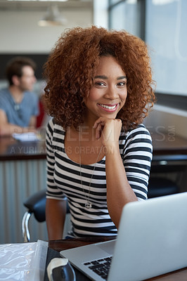 Buy stock photo Portrait, smile and black woman with laptop in office, workspace and confident in creative career. Female person, internship and journalist for magazine, newspaper or online publication happy for job