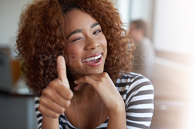Buy stock photo Face, thumbs up and black woman with smile in office, workspace and working in creative career. Portrait, internship and journalist for magazine, newspaper and online publication with ok sign