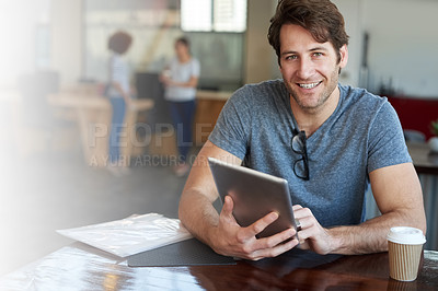 Buy stock photo Man, tablet and portrait for research online in creative office, website and internet for information. Male person, app and tech for proposal or business report, schedule and check agenda or email