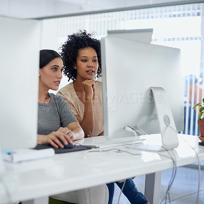Buy stock photo Creative, business and people on computer in office as web designer for teamwork on digital technology for project design. Woman, partner and pc as developer with research on feedback report for work