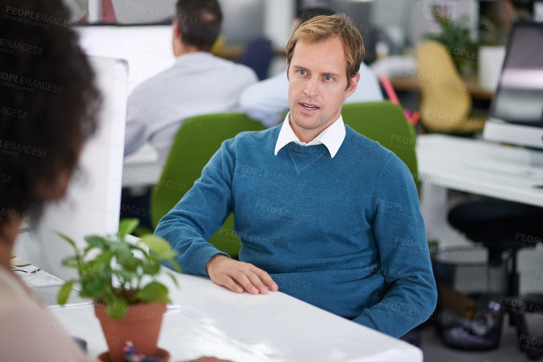 Buy stock photo Team, business man and planning in office for discussion, brainstorming or ideas in startup. Collaboration, creative and staff in meeting for project strategy, cooperation or editor in conversation