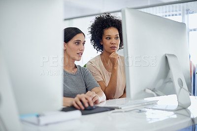 Buy stock photo Team, business women and computer for planning, discussion or brainstorming startup ideas. Collaboration, creative or diverse staff on pc for project strategy, cooperation or editor research online