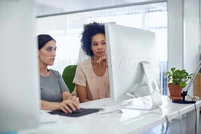 Buy stock photo Team, business women and computer for discussion, planning or brainstorming startup ideas. Collaboration, creative or diverse staff on pc for strategy, cooperation or web developer research online