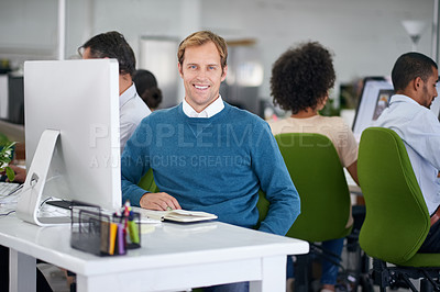 Buy stock photo Man, office and portrait with smile at desk with confidence for political campaign with tech. Hustle, pride and planning rally with computer for activism or strategy in London with voter outreach