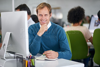 Buy stock photo Businessman, happy and office in portrait at desk for work in company with technology in confidence. Pride, employee and finance with broker for action plan with hustle, thinking and workspace