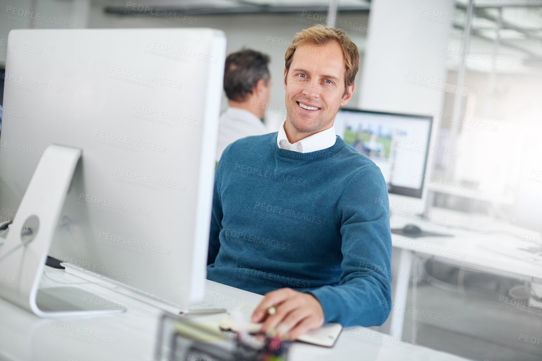 Buy stock photo Businessman, portrait and computer at desk for web development, coding and programming. Male person, pride and software in modern office for technology engineer, idea transformation and data process