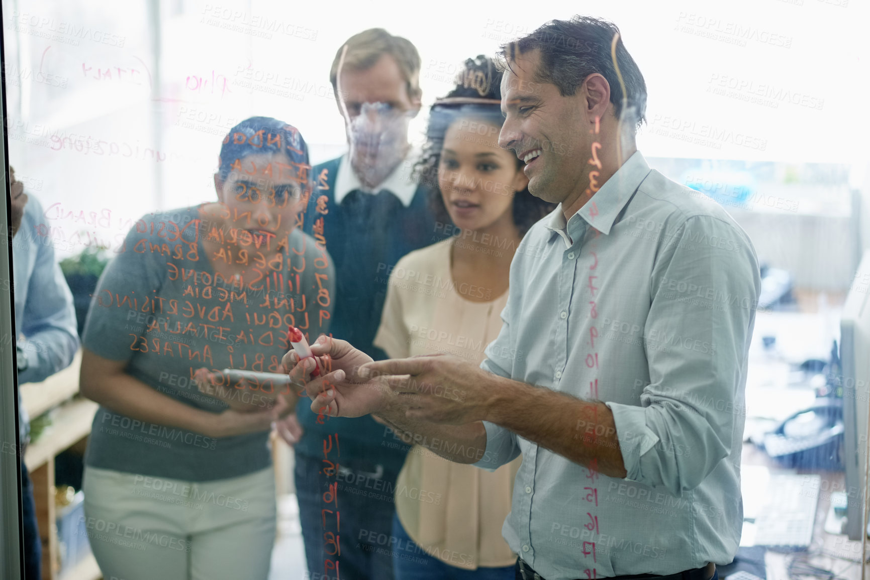 Buy stock photo Team, glass and presentation in office with numbers for business figures or metrics, insights and company growth. Group and strategy on wall for performance management or profitability in finance.