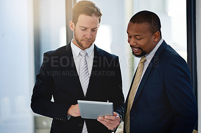 Buy stock photo Business partners, men and tablet in office for discussion, advice or consulting in lobby at law firm. People, lawyers and meeting for update, informing or ideas in workplace for client, work or task