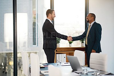 Buy stock photo Handshake, partnership and business men in office with b2b deal, greeting or introduction for meeting. Corporate, professional and male financial advisors shaking hands for agreement in workplace.