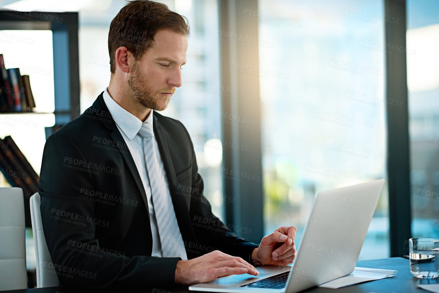 Buy stock photo Businessman, laptop and office for working, research and internet for online email. Data broker, technology and professional workplace for social network, clients and company employee or manager
