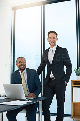 Buy stock photo Portrait, lawyers or happy business people on laptop at law firm for consulting, legal advice or networking. Collaboration, teamwork or attorneys on technology for schedule, news or feedback review