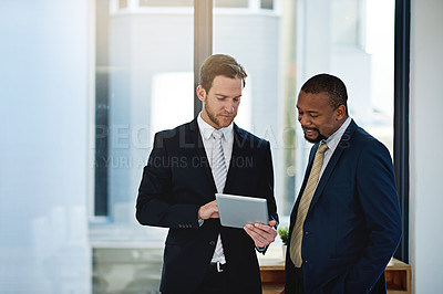 Buy stock photo Teamwork, lawyers or business people on tablet at law firm for consulting, legal advice or networking. Collaboration, diversity or attorneys on technology for schedule update, news or feedback review