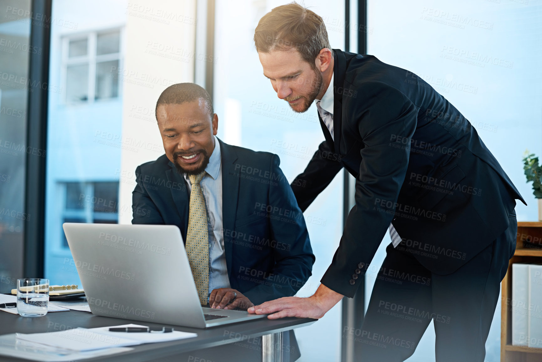 Buy stock photo Teamwork, lawyers or business people on laptop at law firm for consulting, legal advice or networking. Collaboration, diversity or attorneys on technology for schedule update, news or feedback review