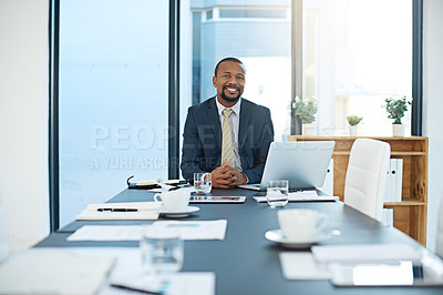 Buy stock photo Portrait, business and happy black man in office at table on laptop for corporate job in Kenya. Face, smile and African professional entrepreneur, employee and confident attorney in suit for work