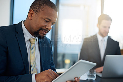 Buy stock photo Coworking, lawyers or businessman on tablet at law firm for consulting, legal advice or networking. Corporate case, diversity or attorneys on technology for schedule update, news or feedback review